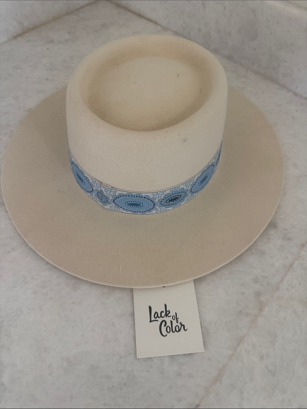 Lack Of Color Cream Felt Wide-Brim Hat with Blue Patterned Band - Picture 1 of 4